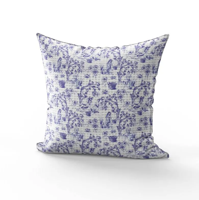 Tissu nid d'abeille motif toile de jouy paysannes bleues