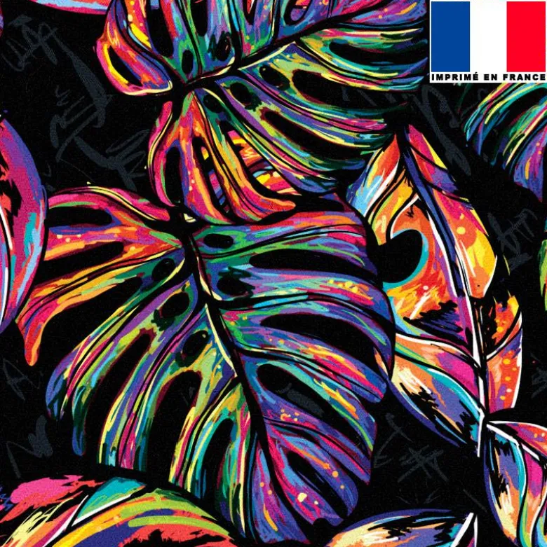 Tissu occultant noir motif jungle pop multicolore
