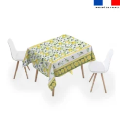 Tissu pour nappe imprimé provençal citron jaune et olive noire - Fond blanc