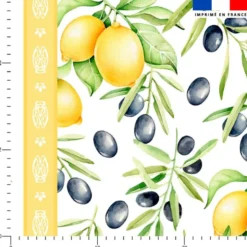 Tissu pour nappe imprimé provençal citron jaune et olive noire - Fond blanc
