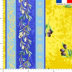Tissu pour nappe imprimé provençal petites olives noires bande bleue - Fond jaune