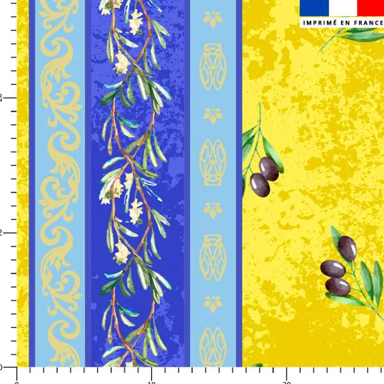 Tissu pour nappe imprimé provençal fleur de tournesol - Fond bleu