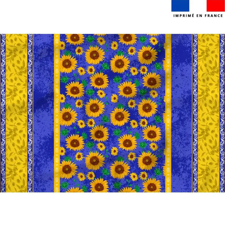 Tissu pour nappe imprimé provençal fleur de tournesol - Fond bleu