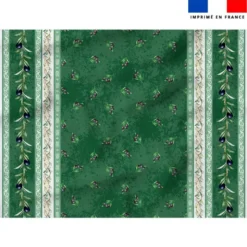 Tissu pour nappe imprimé provençal petites olives noires bande blanche - Fond vert