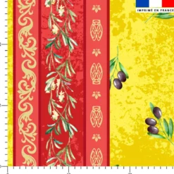 Tissu pour nappe imprimé provençal petites olives noires bande rouge - Fond jaune
