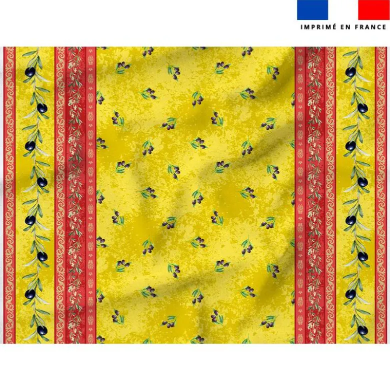 Tissu pour nappe imprimé provençal petites olives noires bande rouge - Fond jaune
