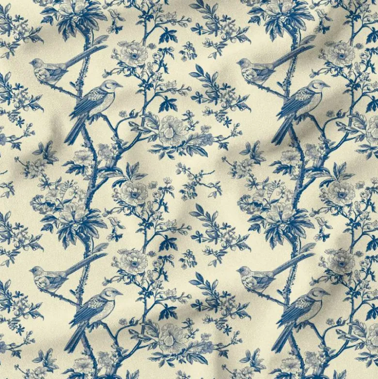 Toile de jouy botanique et oiseau - Fond crème