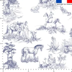 Toile de jouy chevaux bleus - Fond blanc