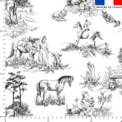 Toile de jouy chevaux noirs - Fond blanc
