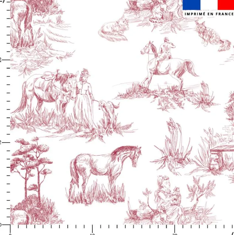 Toile de jouy chevaux rouges - Fond blanc