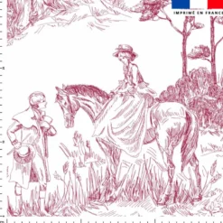 Toile de Jouy chevaux rouges grands motifs - Fond blanc