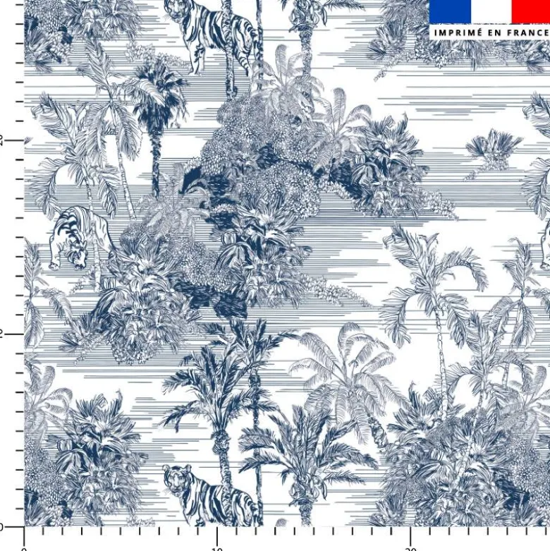 Toile de jouy jungle bleue - Fond blanc