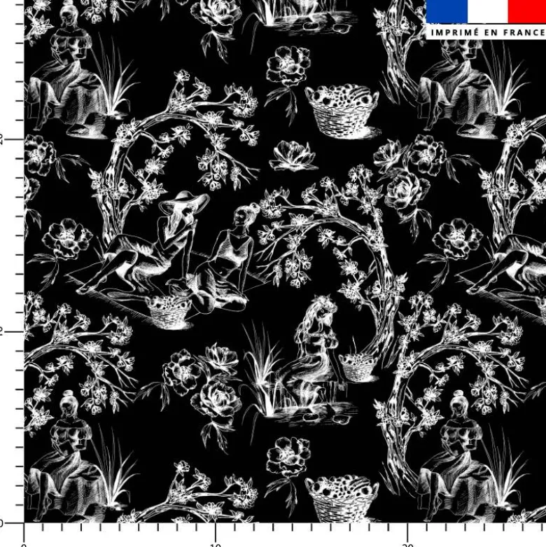 Toile de jouy paysannes blanches - Fond noir