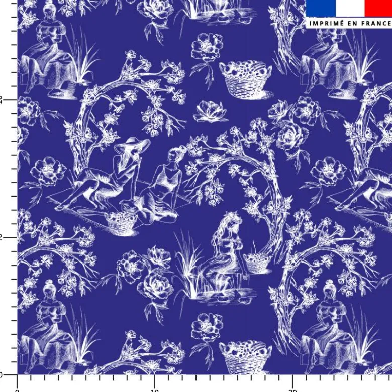 Toile de jouy paysannes blanches - Fond bleu