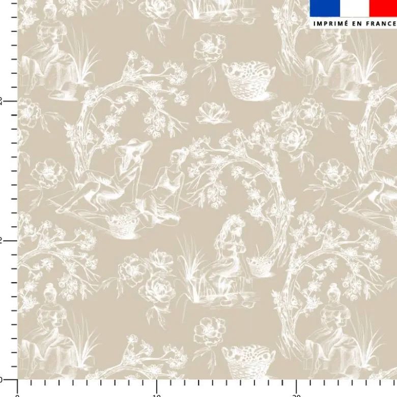 Toile de jouy paysannes blanc - Fond grège