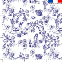 Toile de jouy paysannes bleues - Fond blanc