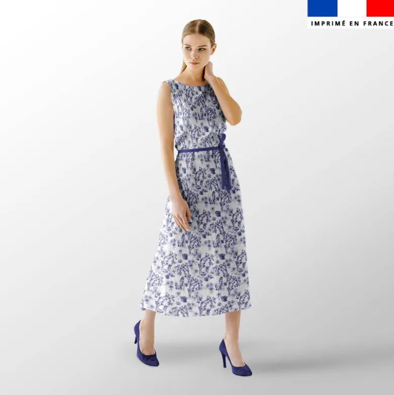 Toile de jouy paysannes bleues - Fond blanc