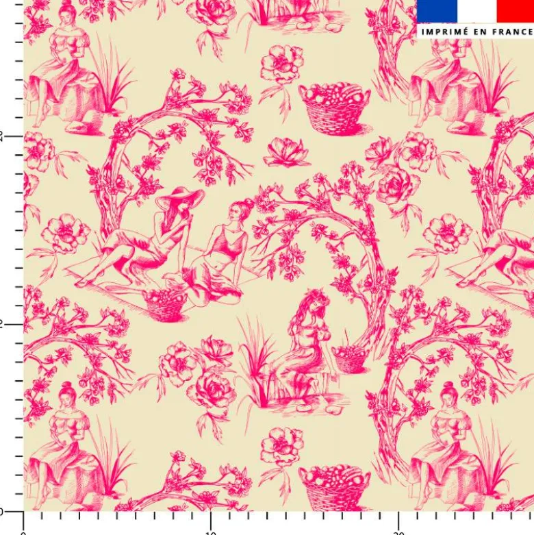 Toile de jouy paysannes roses - Fond crème