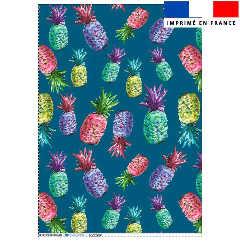 Torchon bleu imprimé ananas multicolores - Création Cat&Colours