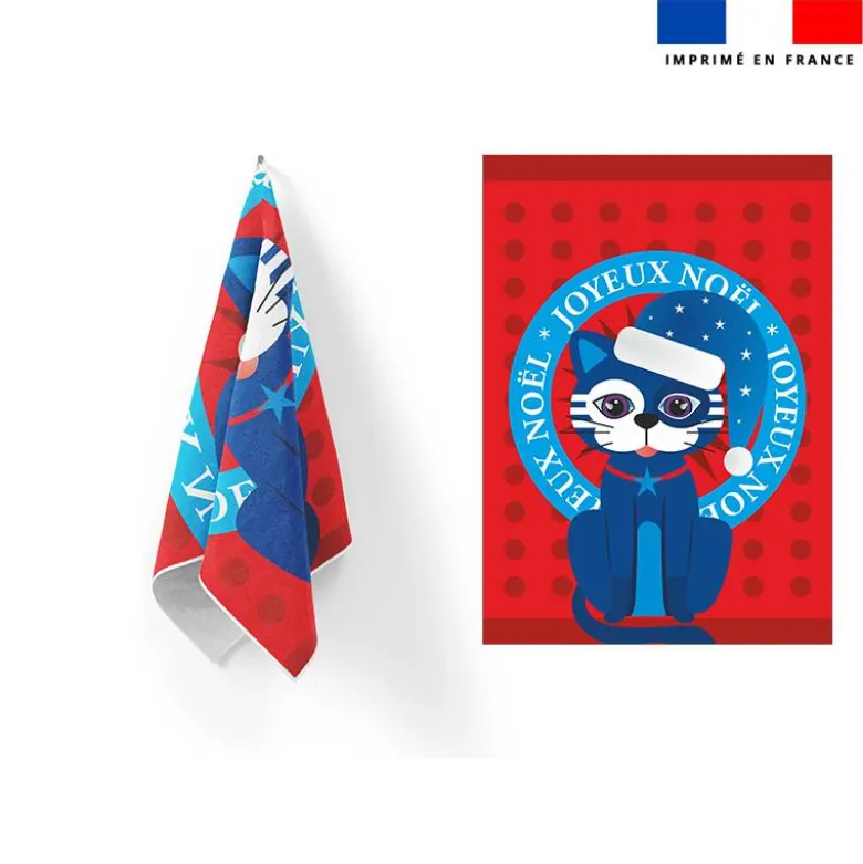 Torchon imprimé chat de noël bleu - Création Lita Blanc