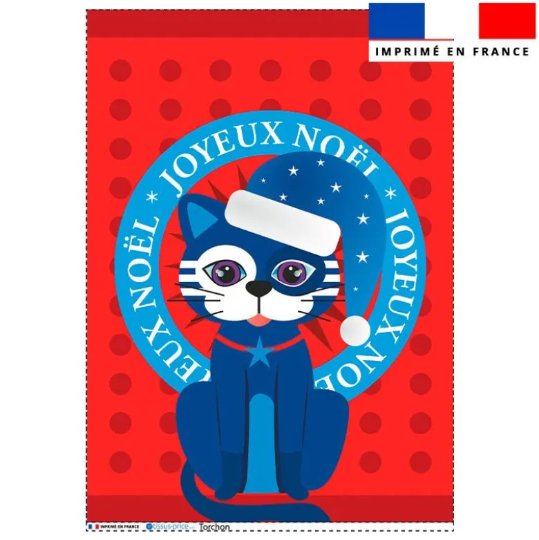 Torchon imprimé chat de noël bleu - Création Lita Blanc