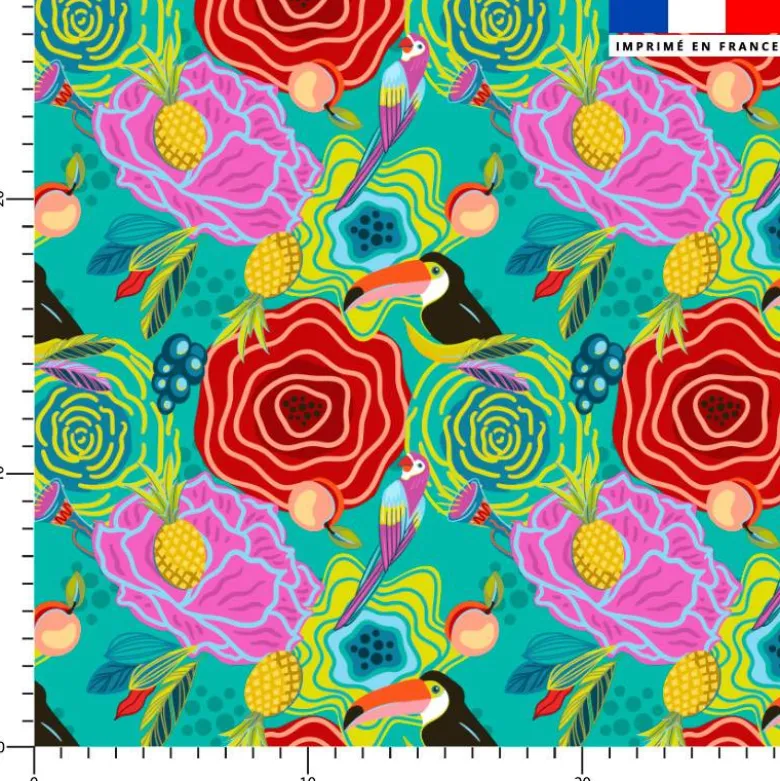 Toucan et fleur tropicale - Fond turquoise