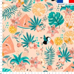 Toucan et pastèque tropicale - Fond rose