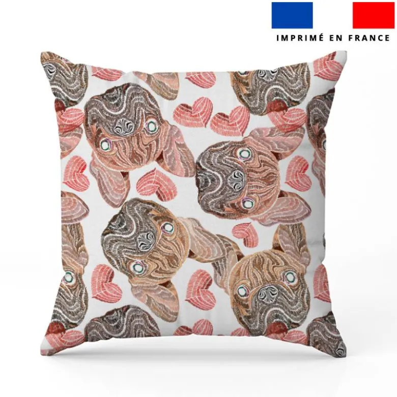 Tête de bouledogue et coeur effet brodé - Fond blanc