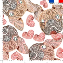 Tête de bouledogue et coeur effet brodé - Fond blanc