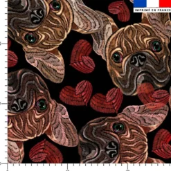 Tête de bouledogue et coeur effet brodé - Fond noir