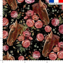 Tête de cheval et fleur effet brodé - Fond noir