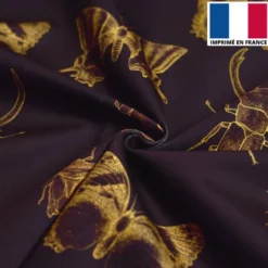 Velours aubergine imprimé insectes jaunes