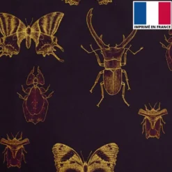 Velours aubergine imprimé insectes jaunes