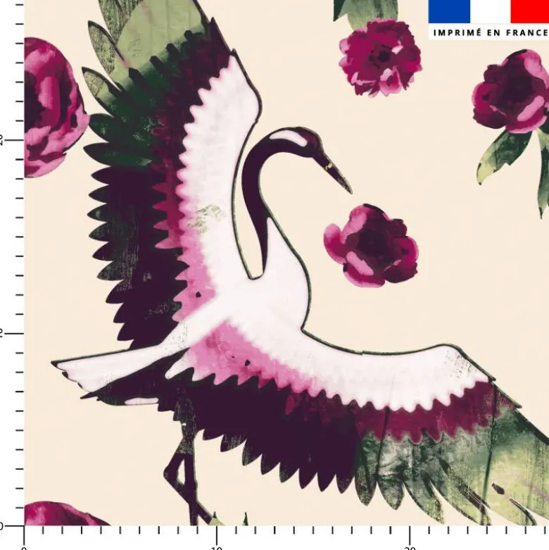 Velours beige imprimé pivoine rose et grue