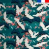Velours bleu canard imprimé grue japonaise et fleur de cerisier