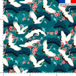 Velours bleu canard imprimé grue japonaise et fleur de cerisier