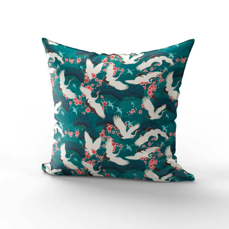 Velours bleu canard imprimé grue japonaise et fleur de cerisier