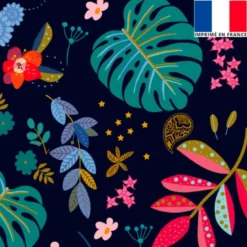 Velours bleu de minuit motif feuilles bleues et bleu-vert