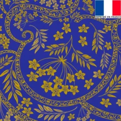 Velours bleu majorelle imprimé fresque fleurie jaune