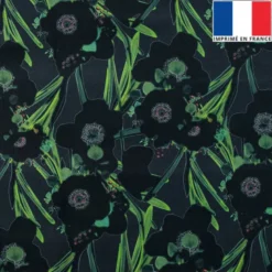 Velours bleu marine imprimé fleur noire