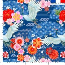 Velours bleu marine imprimé grue et fleur japonaise