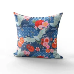 Velours bleu marine imprimé grue et fleur japonaise