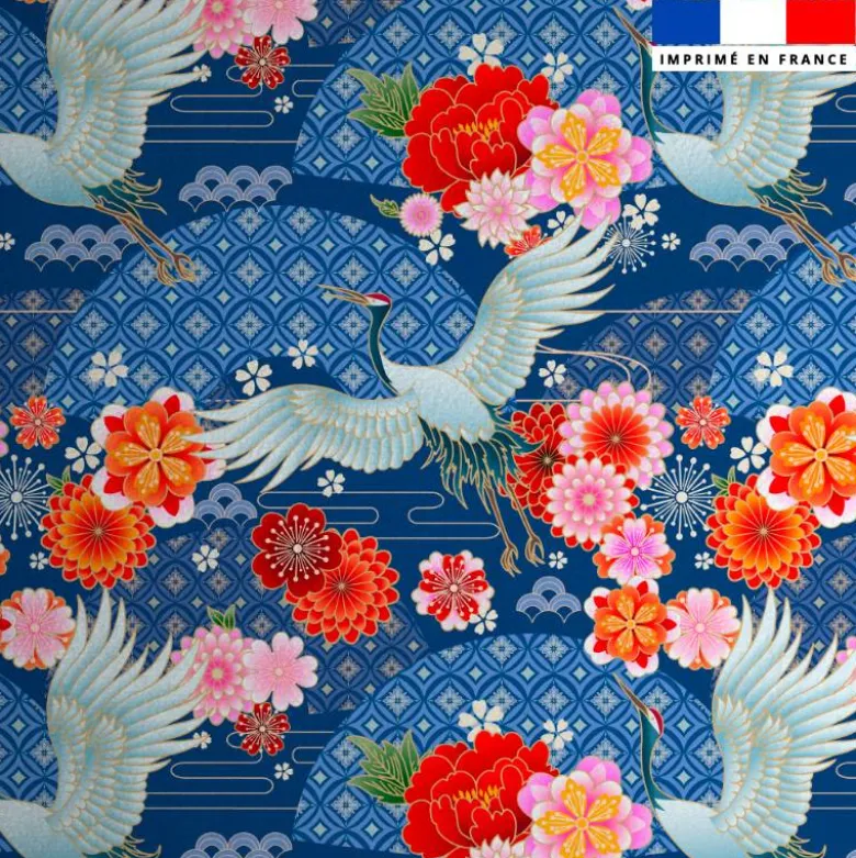 Velours bleu marine imprimé grue et fleur japonaise