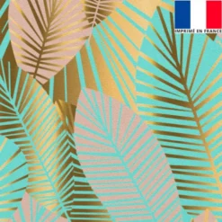 Velours bleu turquoise motif feuilles art déco roses et or