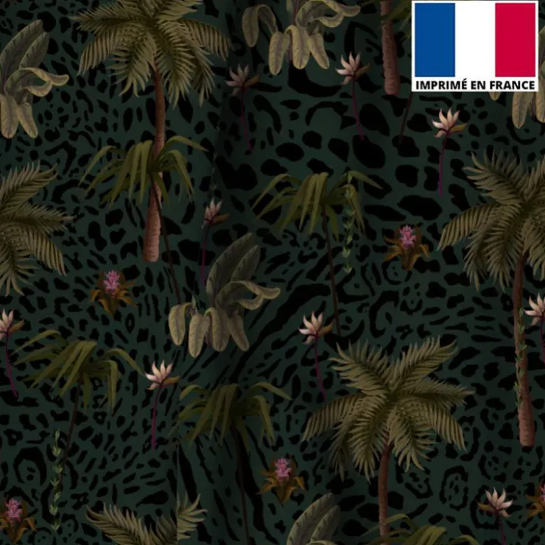 Velours léopard bleu motif palmier