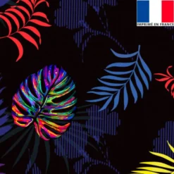 Velours noir motif palme multicolore et feuille bleue rouge jaune