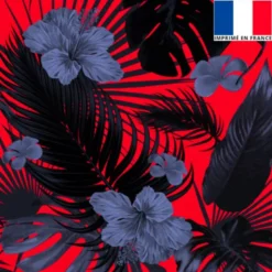 Velours rouge imprimé fleur d'hibiscus bleue