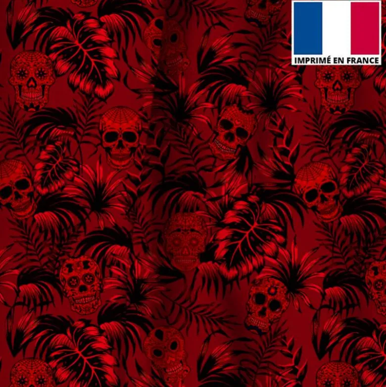 Velours rouge imprimé jungle tête de mort rouge