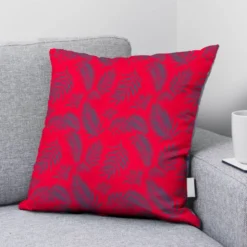 Velours rouge vif imprimé feuille de palmier bleu turquin