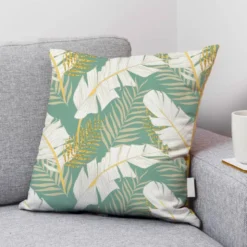 Velours vert d'eau motif feuille de palmier écrue et dorée